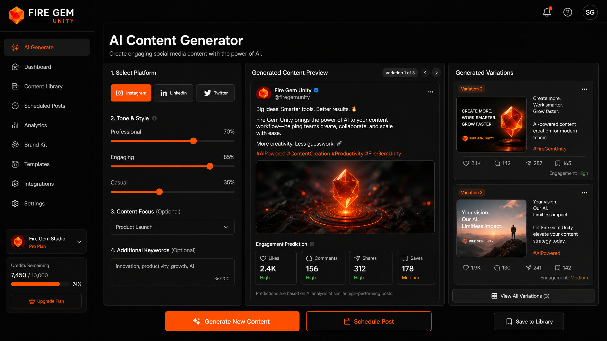 Gem™ Content Generation Dashboard — AI social media post creator with platform selector and preview